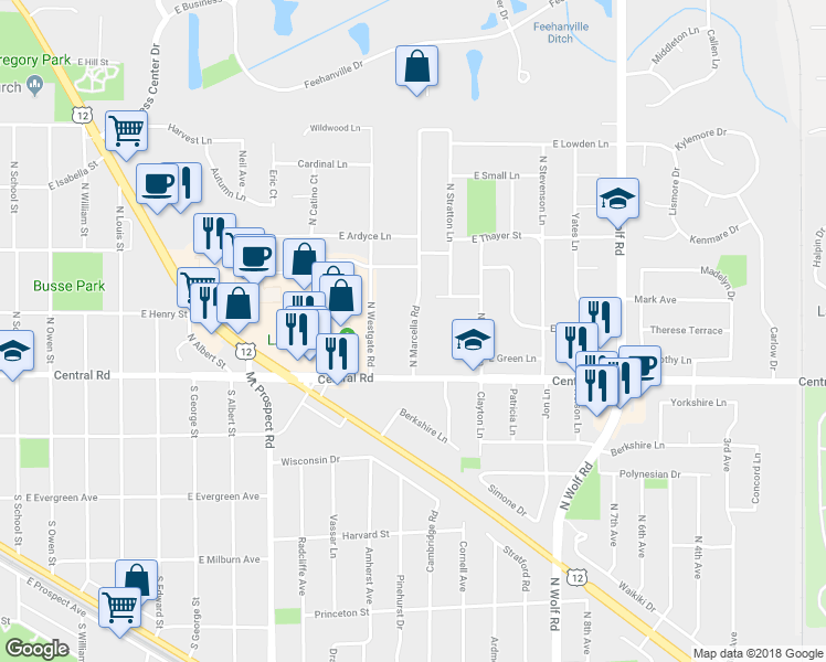 map of restaurants, bars, coffee shops, grocery stores, and more near 12 North Marcella Road in Mount Prospect