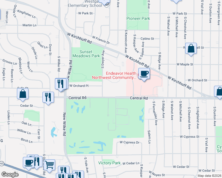 map of restaurants, bars, coffee shops, grocery stores, and more near 2 Central Road in Arlington Heights
