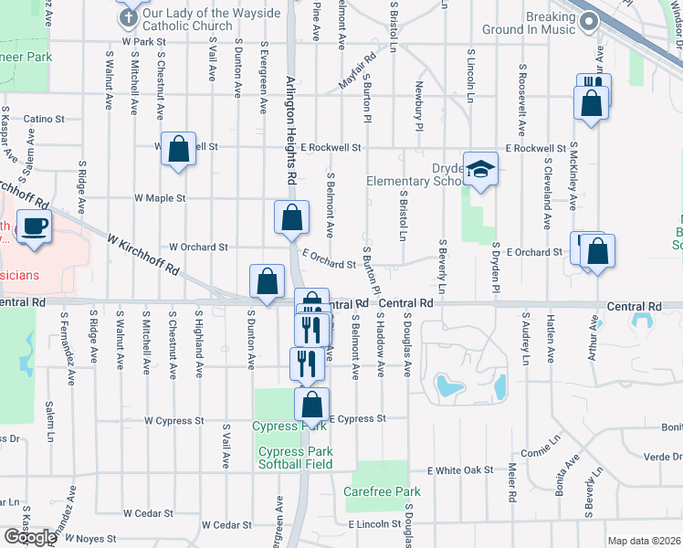 map of restaurants, bars, coffee shops, grocery stores, and more near 411 East Orchard Street in Arlington Heights