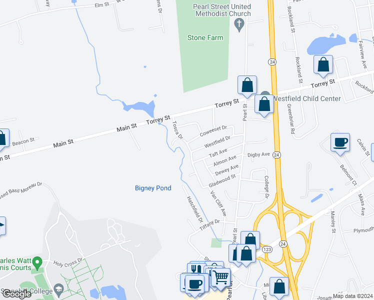 map of restaurants, bars, coffee shops, grocery stores, and more near 69 Tosca Drive in Brockton