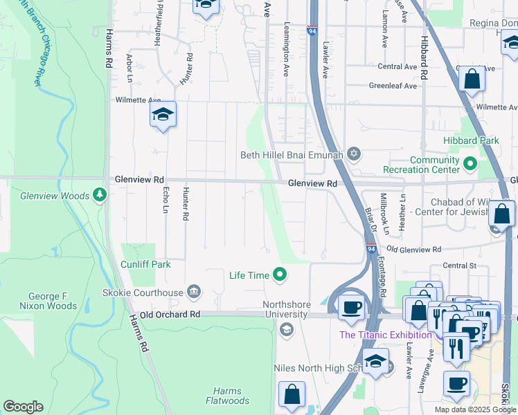 map of restaurants, bars, coffee shops, grocery stores, and more near 714 Laramie Avenue in Glenview