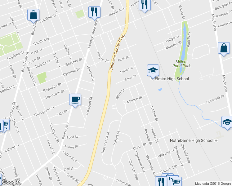 map of restaurants, bars, coffee shops, grocery stores, and more near 234 Allen Street in Elmira