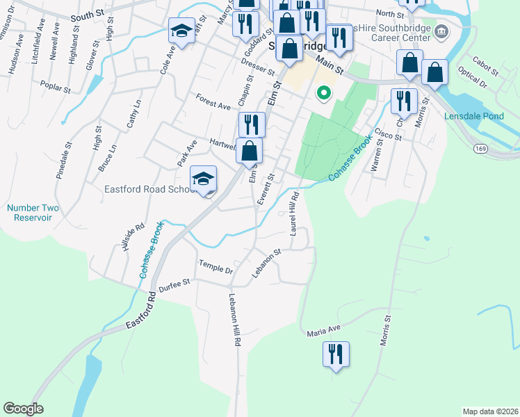 map of restaurants, bars, coffee shops, grocery stores, and more near 271 Everett Street in Southbridge