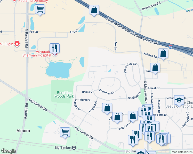 map of restaurants, bars, coffee shops, grocery stores, and more near 1397 North Lyle Avenue in Elgin
