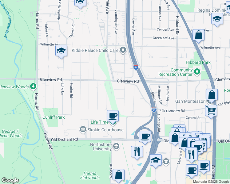 map of restaurants, bars, coffee shops, grocery stores, and more near 53 Hackberry Lane in Glenview