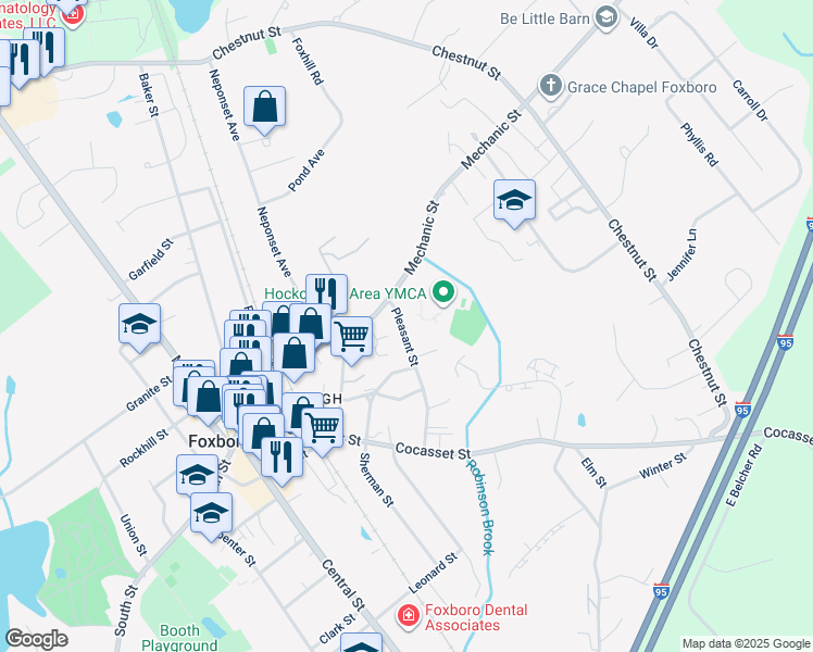map of restaurants, bars, coffee shops, grocery stores, and more near 10 Pleasant Street in Foxborough