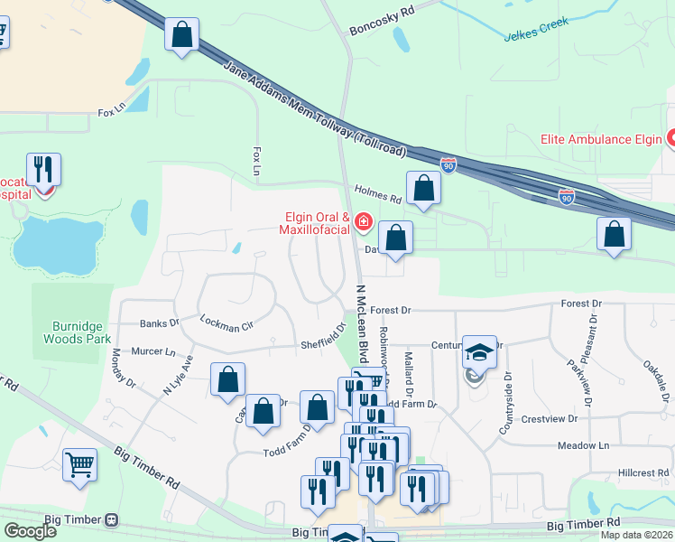 map of restaurants, bars, coffee shops, grocery stores, and more near 10 Devonshire Circle in Elgin