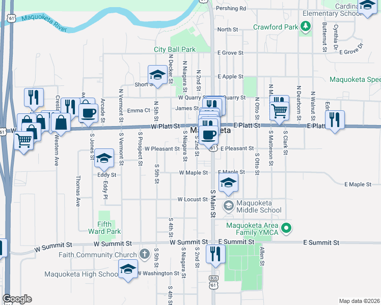 map of restaurants, bars, coffee shops, grocery stores, and more near in Maquoketa