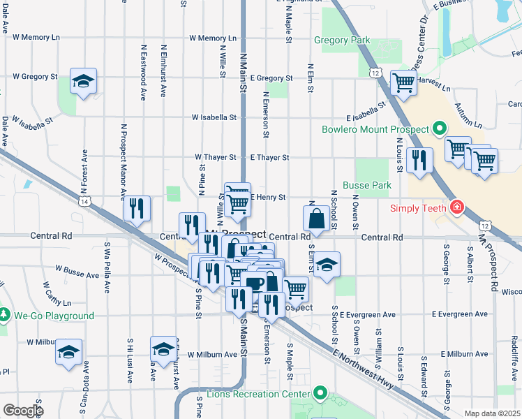 map of restaurants, bars, coffee shops, grocery stores, and more near 18 North Emerson Street in Mount Prospect