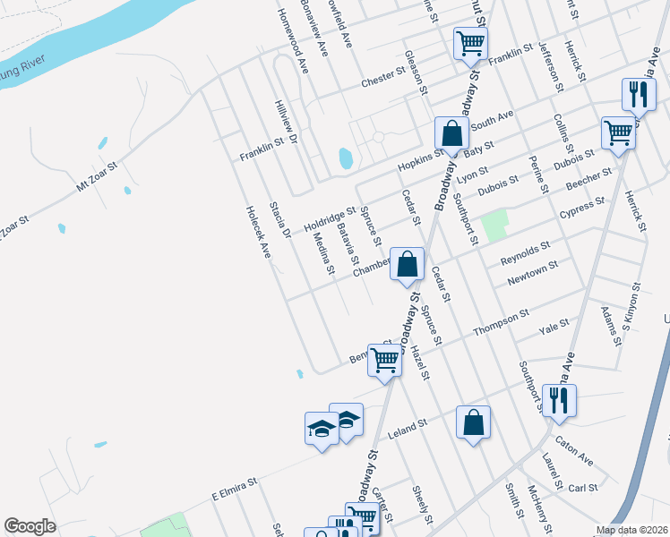 map of restaurants, bars, coffee shops, grocery stores, and more near 661 Medina Street in Elmira