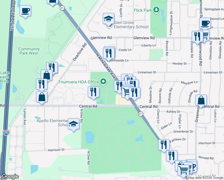 map of restaurants, bars, coffee shops, grocery stores, and more near 3700 Capri Court in Glenview