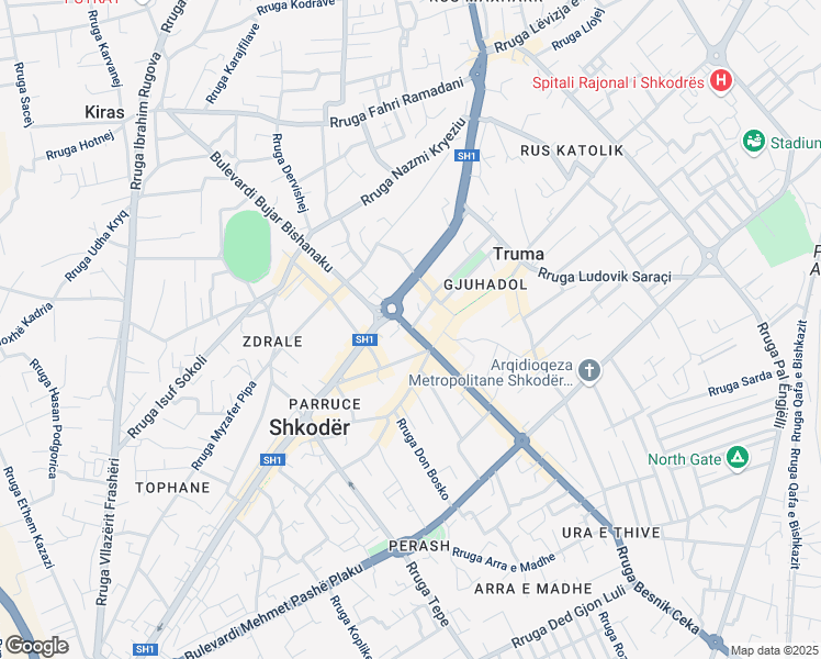 map of restaurants, bars, coffee shops, grocery stores, and more near Rruga Teuta in Shkodra