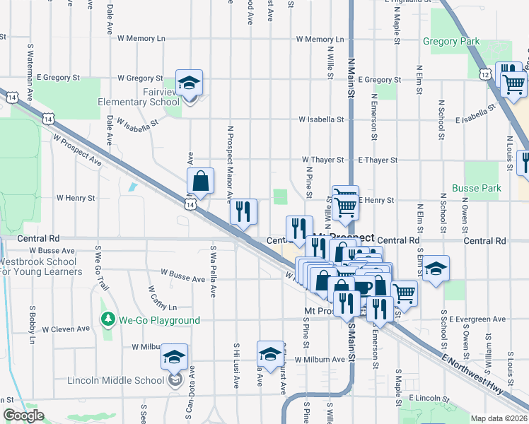 map of restaurants, bars, coffee shops, grocery stores, and more near 15 North Ridge Avenue in Mount Prospect