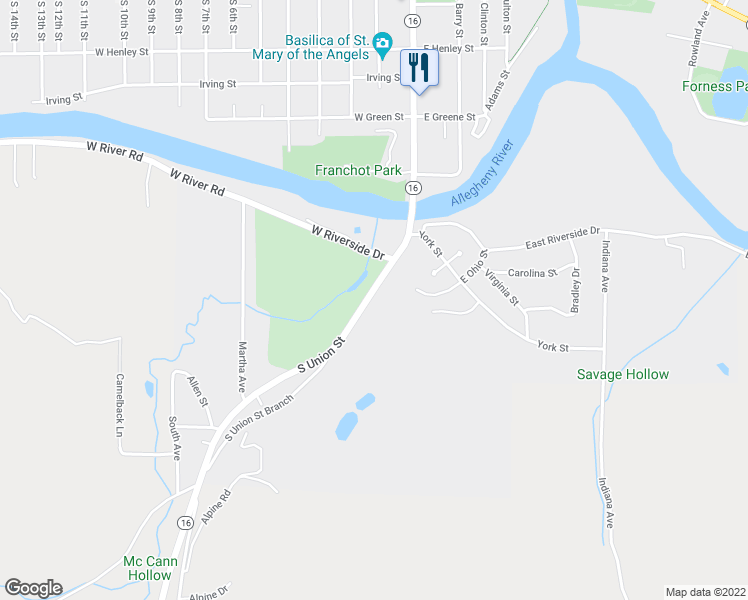map of restaurants, bars, coffee shops, grocery stores, and more near 661 South Union Street in Olean