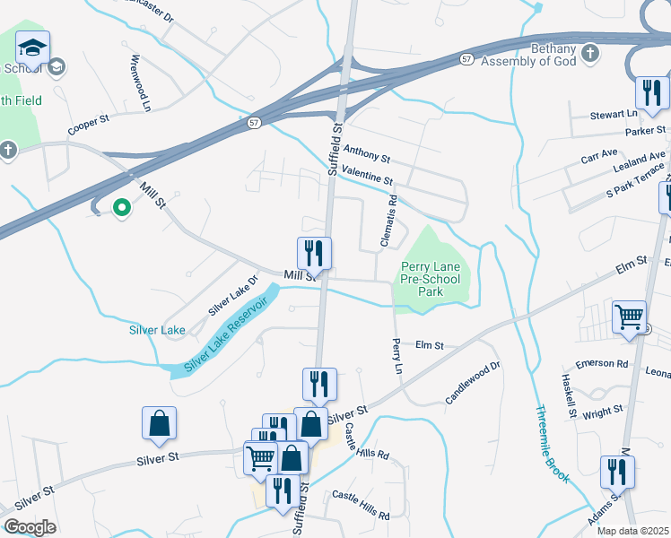 map of restaurants, bars, coffee shops, grocery stores, and more near 643 Suffield Street in Agawam