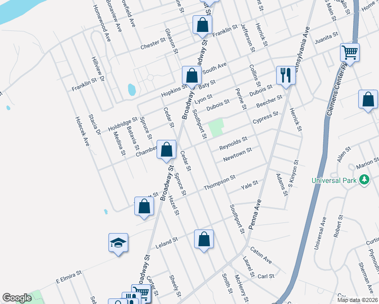 map of restaurants, bars, coffee shops, grocery stores, and more near 750 Laurel Street in Elmira