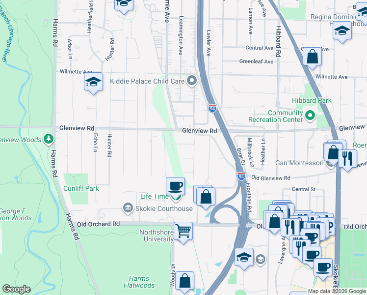 map of restaurants, bars, coffee shops, grocery stores, and more near 53 Hackberry Lane in Glenview