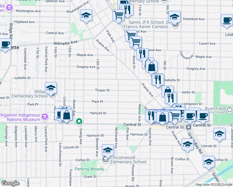 map of restaurants, bars, coffee shops, grocery stores, and more near 2500 Thayer Street in Evanston