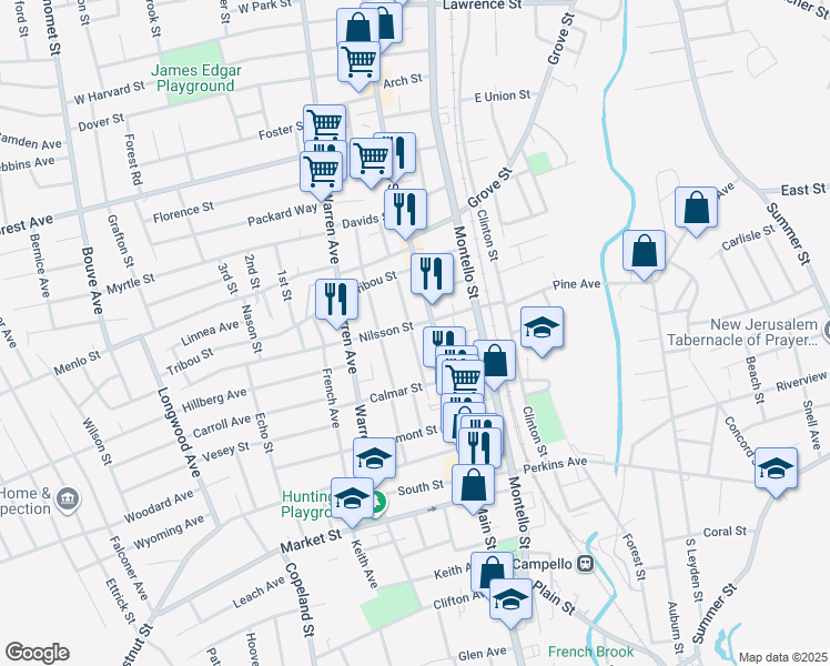 map of restaurants, bars, coffee shops, grocery stores, and more near 52 Denton Street in Brockton