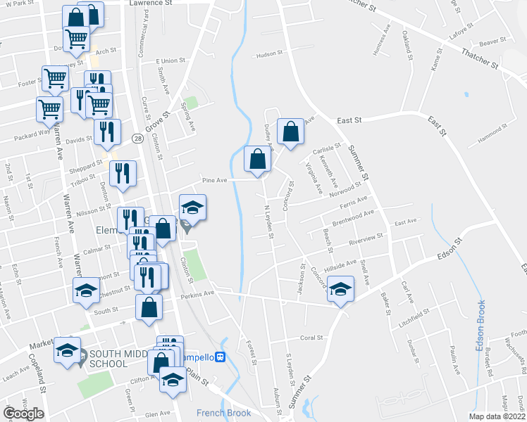 map of restaurants, bars, coffee shops, grocery stores, and more near 72 North Leyden Street in Brockton