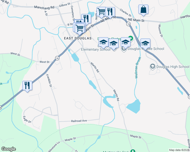 map of restaurants, bars, coffee shops, grocery stores, and more near 39 Depot Street in Douglas