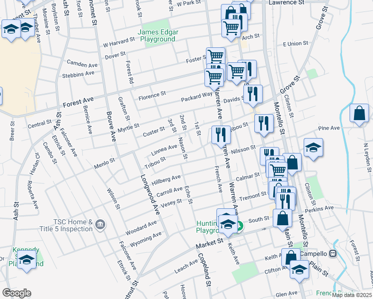 map of restaurants, bars, coffee shops, grocery stores, and more near 139 Tribou Street in Brockton