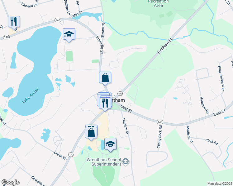 map of restaurants, bars, coffee shops, grocery stores, and more near in Wrentham
