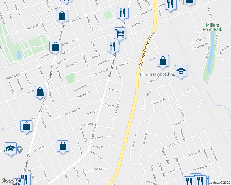 map of restaurants, bars, coffee shops, grocery stores, and more near 460 Albert Street in Elmira