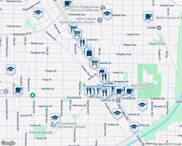 map of restaurants, bars, coffee shops, grocery stores, and more near 2734 Prairie Avenue in Evanston