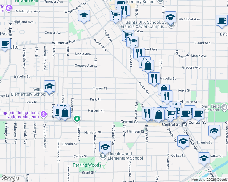 map of restaurants, bars, coffee shops, grocery stores, and more near 2500 Thayer Street in Evanston
