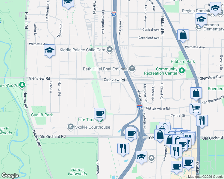 map of restaurants, bars, coffee shops, grocery stores, and more near 715 Long Road in Glenview