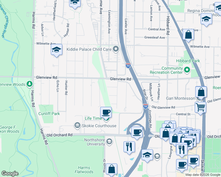 map of restaurants, bars, coffee shops, grocery stores, and more near 53 Hackberry Lane in Glenview