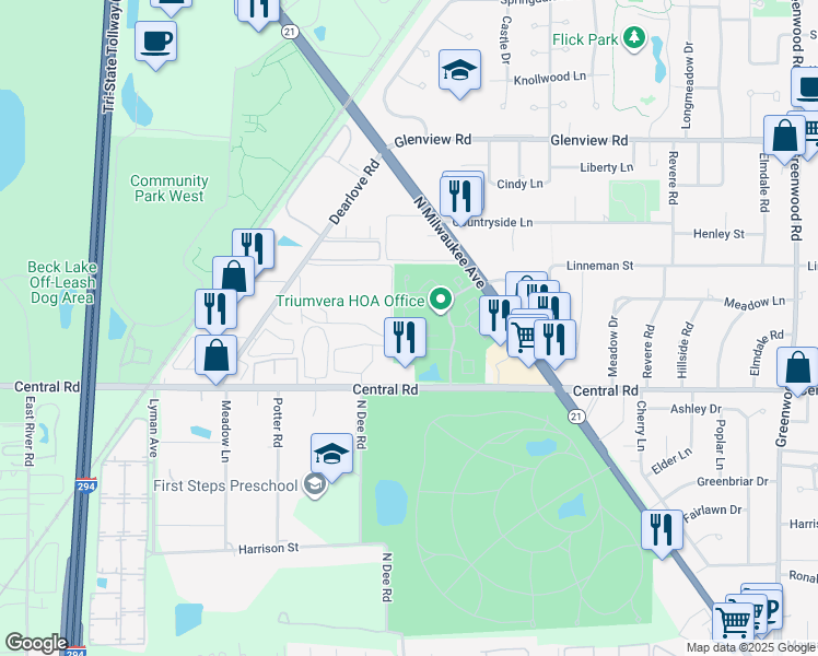 map of restaurants, bars, coffee shops, grocery stores, and more near 4127 Triumvera Drive in Glenview