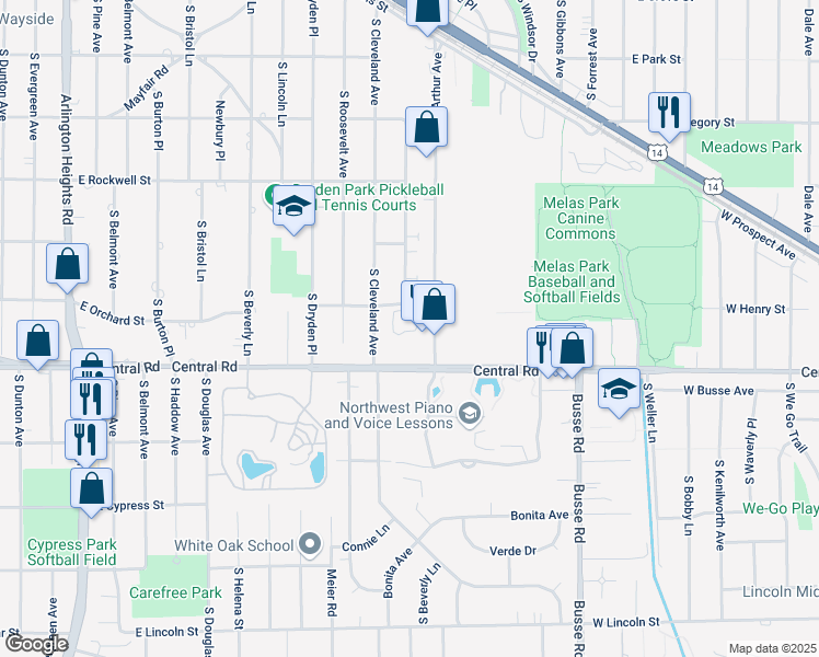 map of restaurants, bars, coffee shops, grocery stores, and more near 930 South McKinley Avenue in Arlington Heights