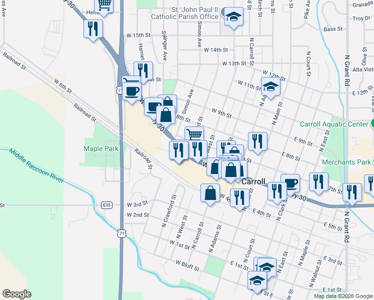 map of restaurants, bars, coffee shops, grocery stores, and more near 503 U.S. 30 in Carroll