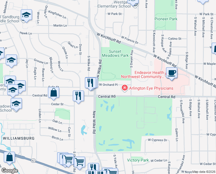 map of restaurants, bars, coffee shops, grocery stores, and more near 1633 West Orchard Place in Arlington Heights
