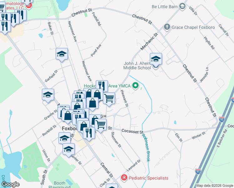 map of restaurants, bars, coffee shops, grocery stores, and more near 49 Mechanic Street in Foxborough