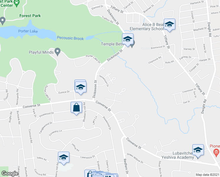 map of restaurants, bars, coffee shops, grocery stores, and more near 71 Jamestown Drive in Springfield