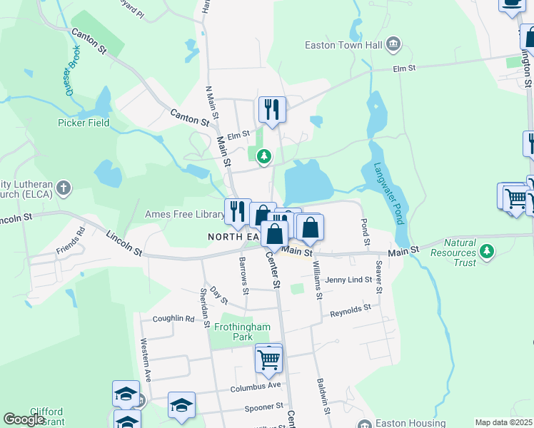 map of restaurants, bars, coffee shops, grocery stores, and more near 50 Main Street in Easton