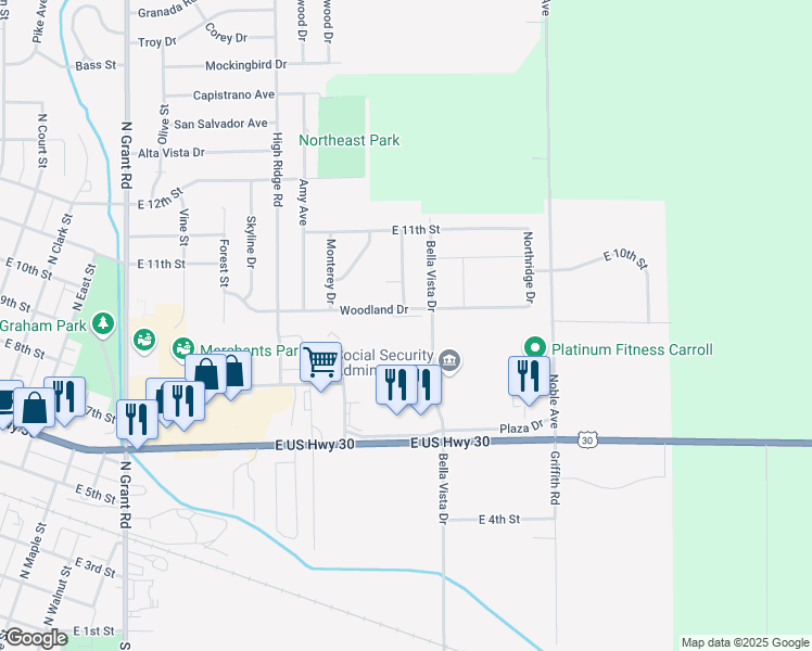 map of restaurants, bars, coffee shops, grocery stores, and more near 1010 Woodland Drive in Carroll
