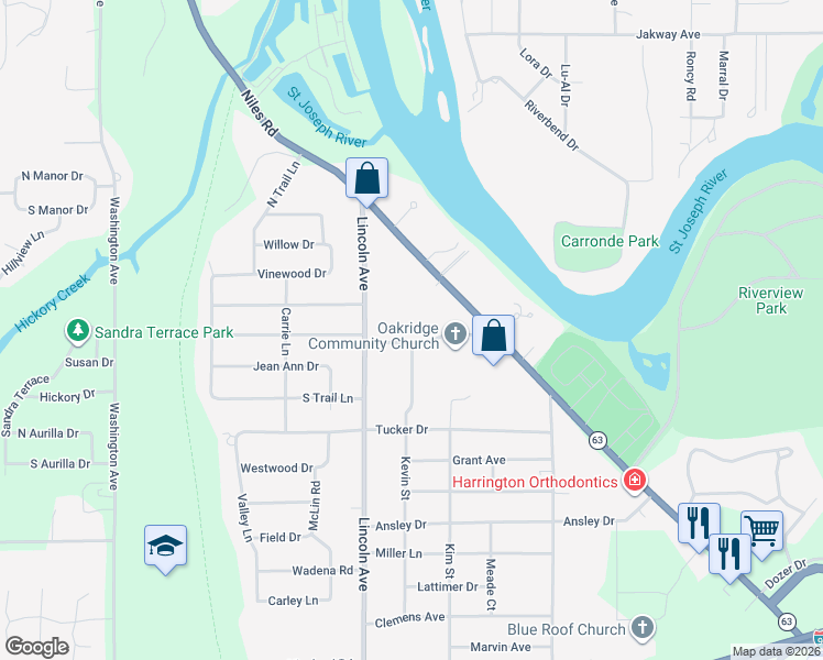 map of restaurants, bars, coffee shops, grocery stores, and more near 815 Oakridge Road in St. Joseph