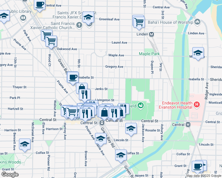 map of restaurants, bars, coffee shops, grocery stores, and more near Jenks Street in Evanston
