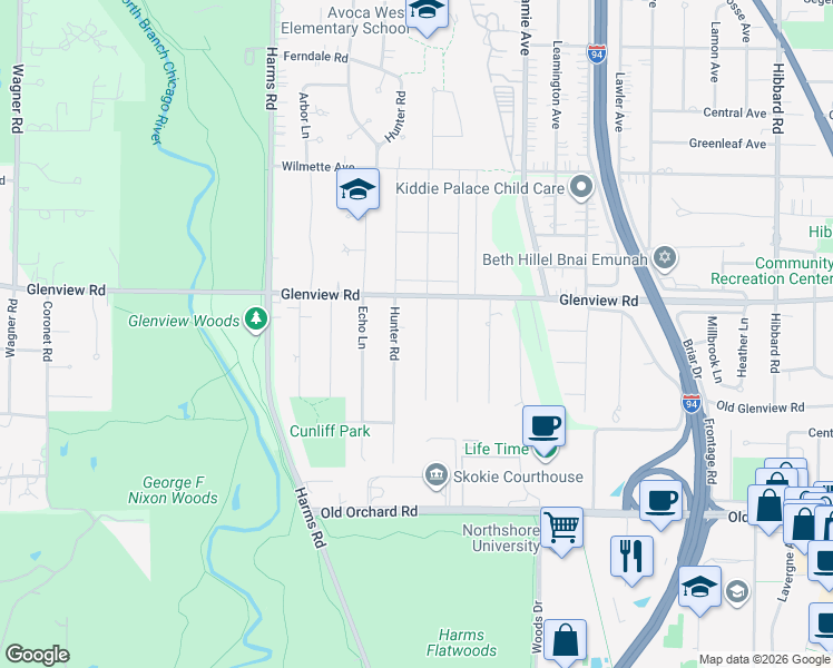 map of restaurants, bars, coffee shops, grocery stores, and more near 711 Hunter Road in Glenview