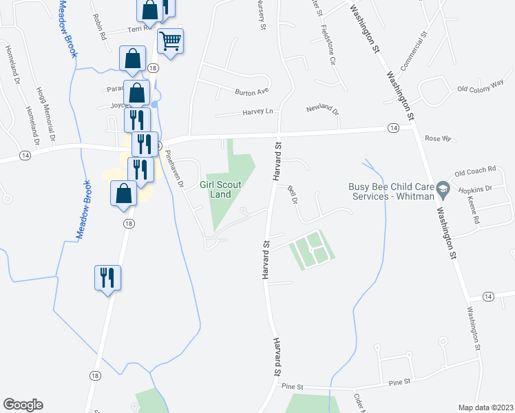 map of restaurants, bars, coffee shops, grocery stores, and more near 314 Harvard Court in Whitman