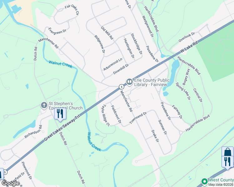 map of restaurants, bars, coffee shops, grocery stores, and more near 6412 Hearthstone Ln in Erie