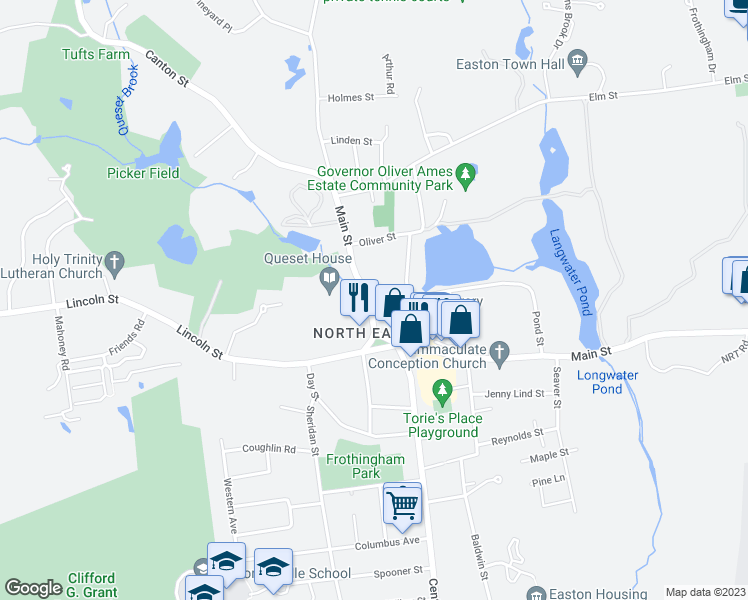 map of restaurants, bars, coffee shops, grocery stores, and more near 54 Main Street in Easton