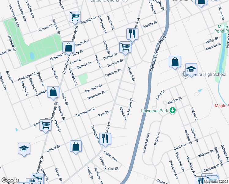 map of restaurants, bars, coffee shops, grocery stores, and more near in Elmira