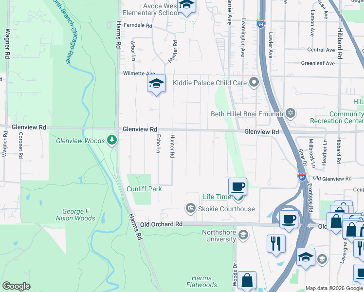 map of restaurants, bars, coffee shops, grocery stores, and more near 711 Hunter Road in Glenview