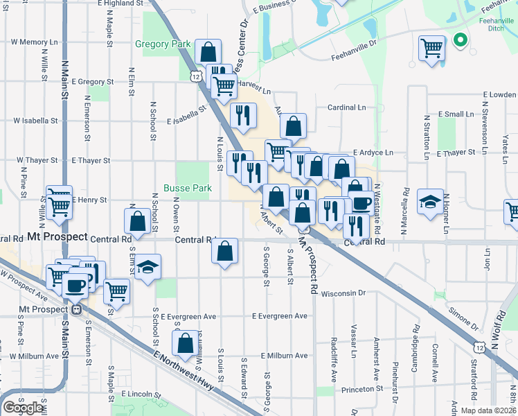 map of restaurants, bars, coffee shops, grocery stores, and more near 11 North Edward Street in Mount Prospect
