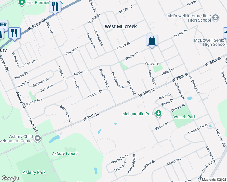map of restaurants, bars, coffee shops, grocery stores, and more near 3515 Woodhaven Dr in Erie